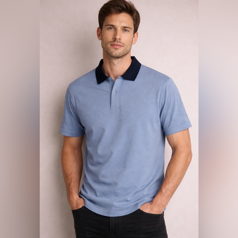 Theory Men's Light Blue Polo with Navy Collar